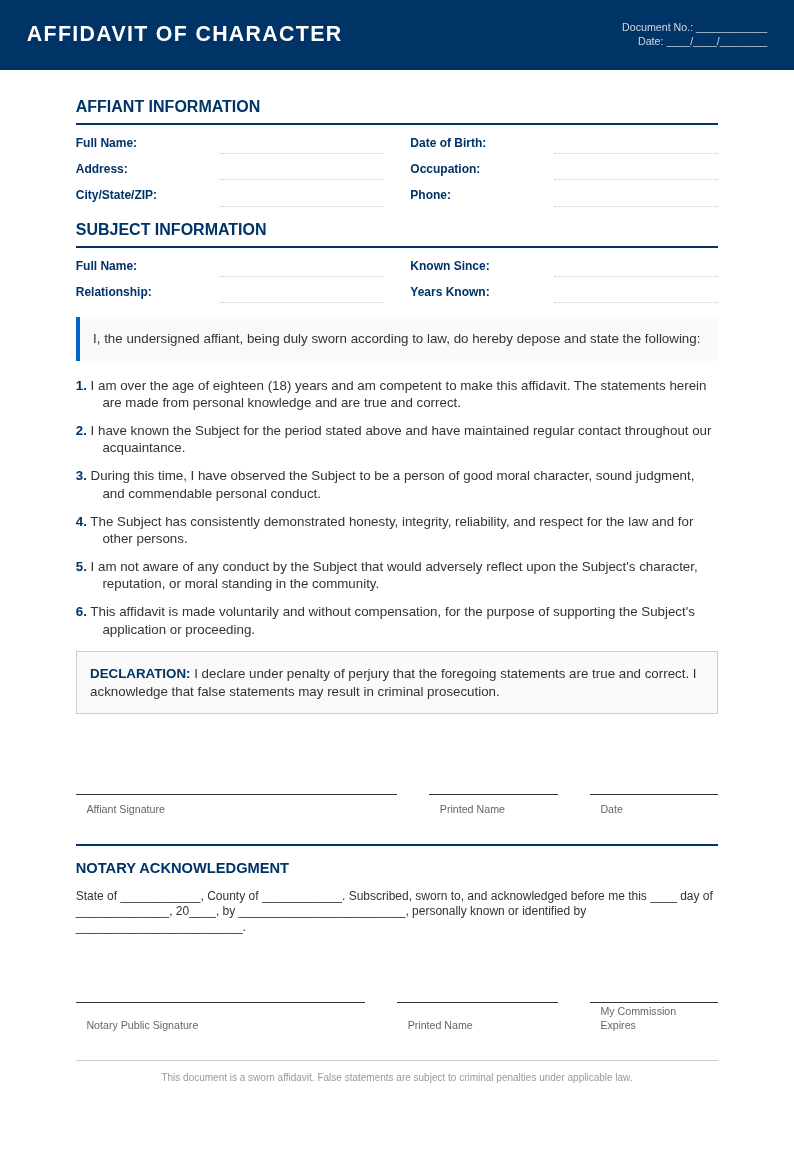 Corporate Standard Affidavit of Character